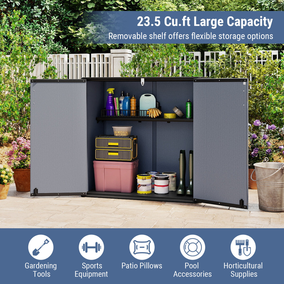 All-Weather Storage Box with Floor and Removable Shelf for Patio and Lawn