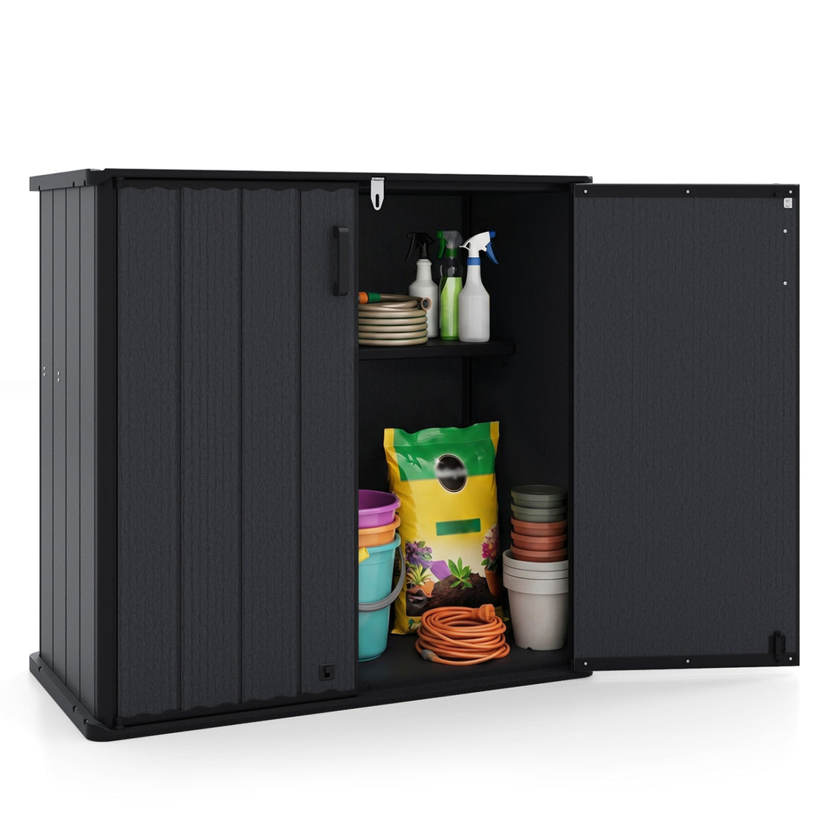 All-Weather Storage Box with Floor and Removable Shelf for Patio and Lawn