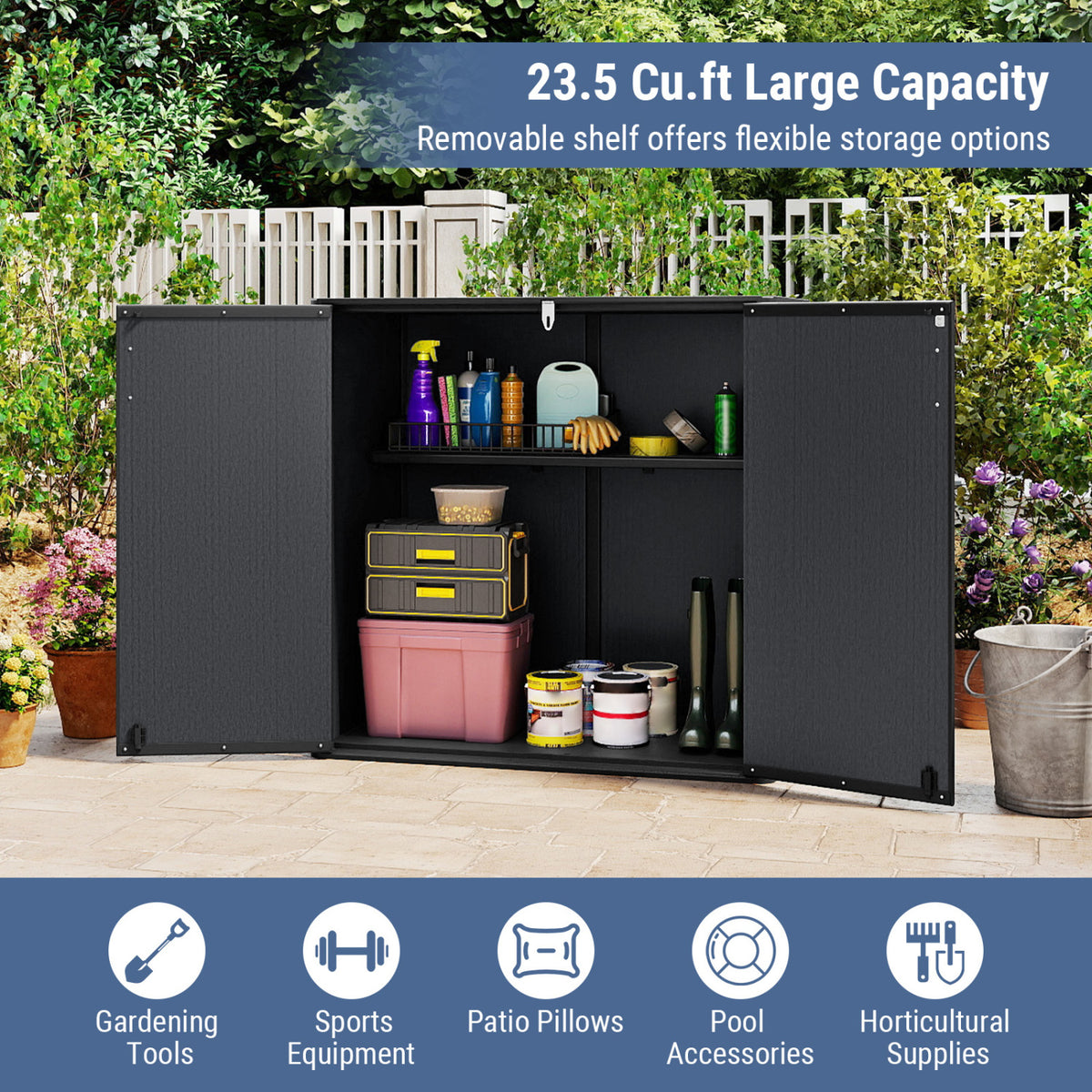 All-Weather Storage Box with Floor and Removable Shelf for Patio and Lawn
