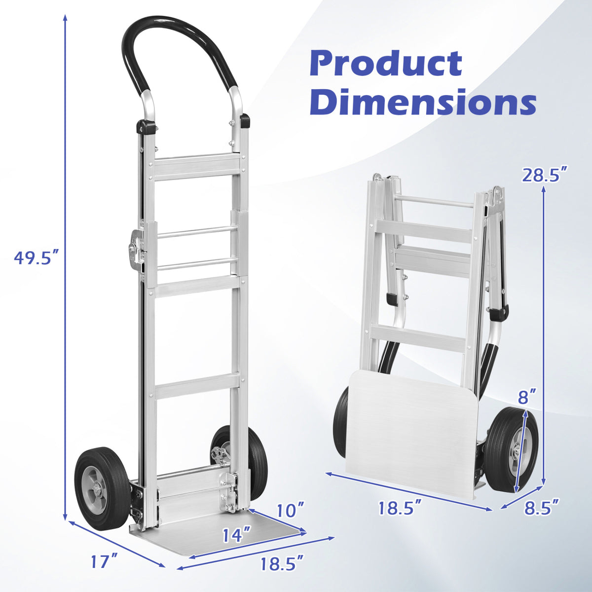 Aluminum Dolly Cart with 2 Rubber Wheels and Ergonomic Handle-Silver