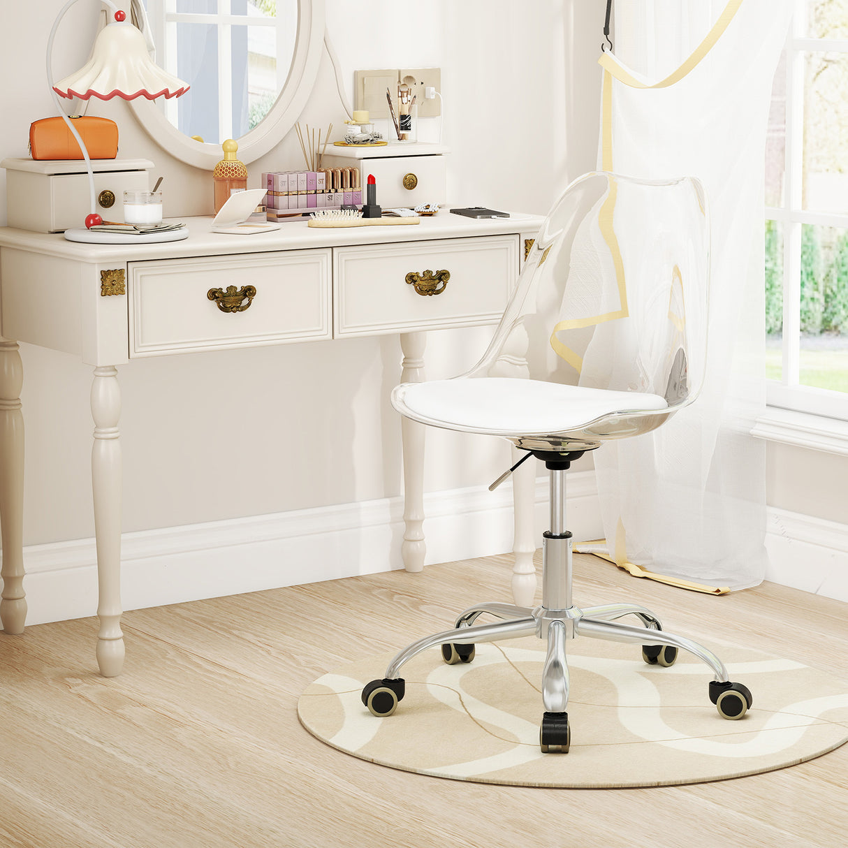 Armless Rolling Office Chair with Swivel Seat and PU Leather Cushion-Clear