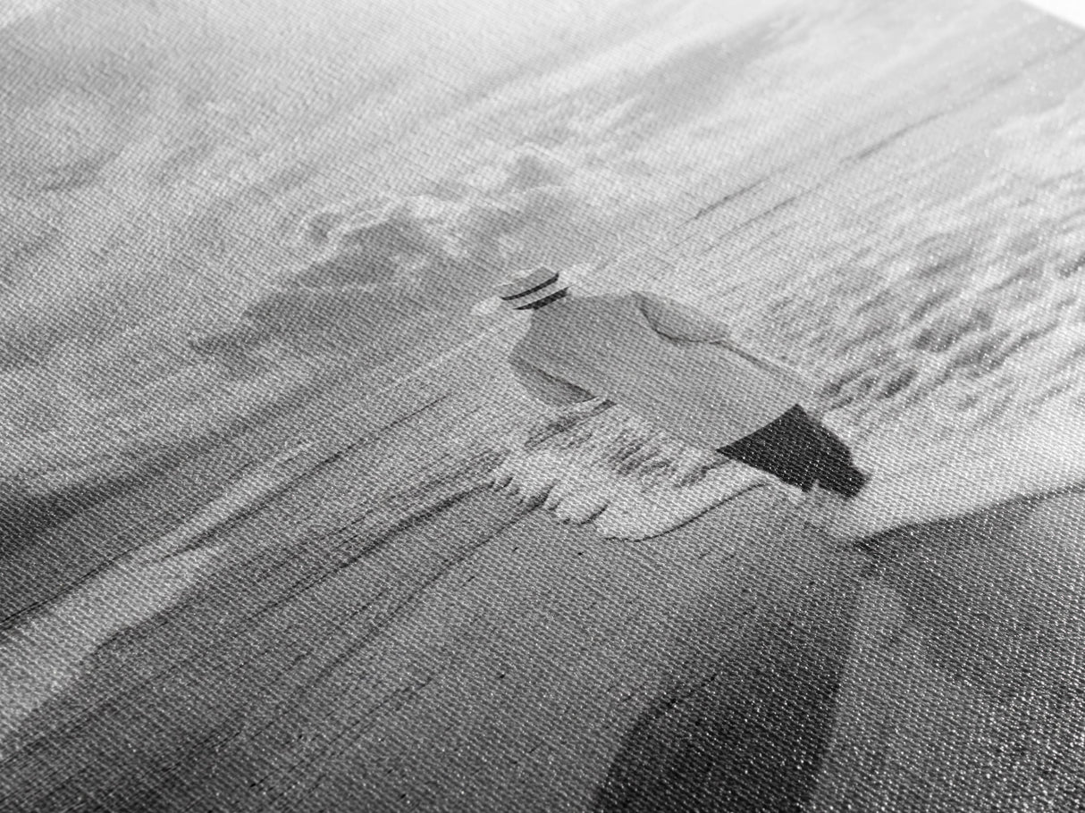 Man On Shore, Thoughtful Walk, Ocean Wanderer, Framed Canvas Print, Minimalist Fall Art, Bedroom Decor, Moody Coastal Scene