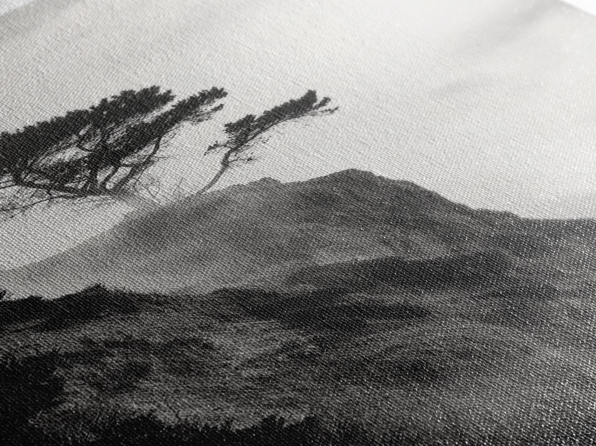 Lone Cliff Tree, Foggy Landscape, Nature Wall Decor, Framed Canvas Print, Minimalist Tree Art, Tranquil Living Room Wall Art