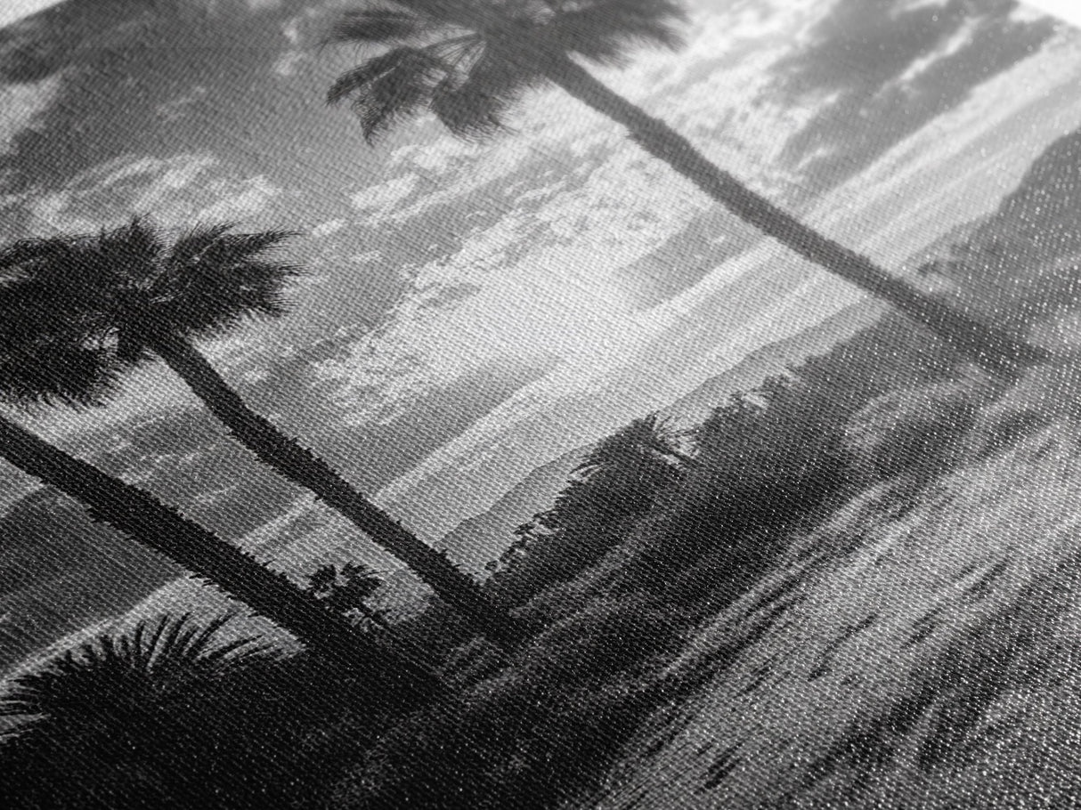 Palm Sunset, Desert Light, Silhouetted Trees, Framed Canvas Print, Tropical Boho Wall Art, Sunset Living Room Decor, Moody Nature Style