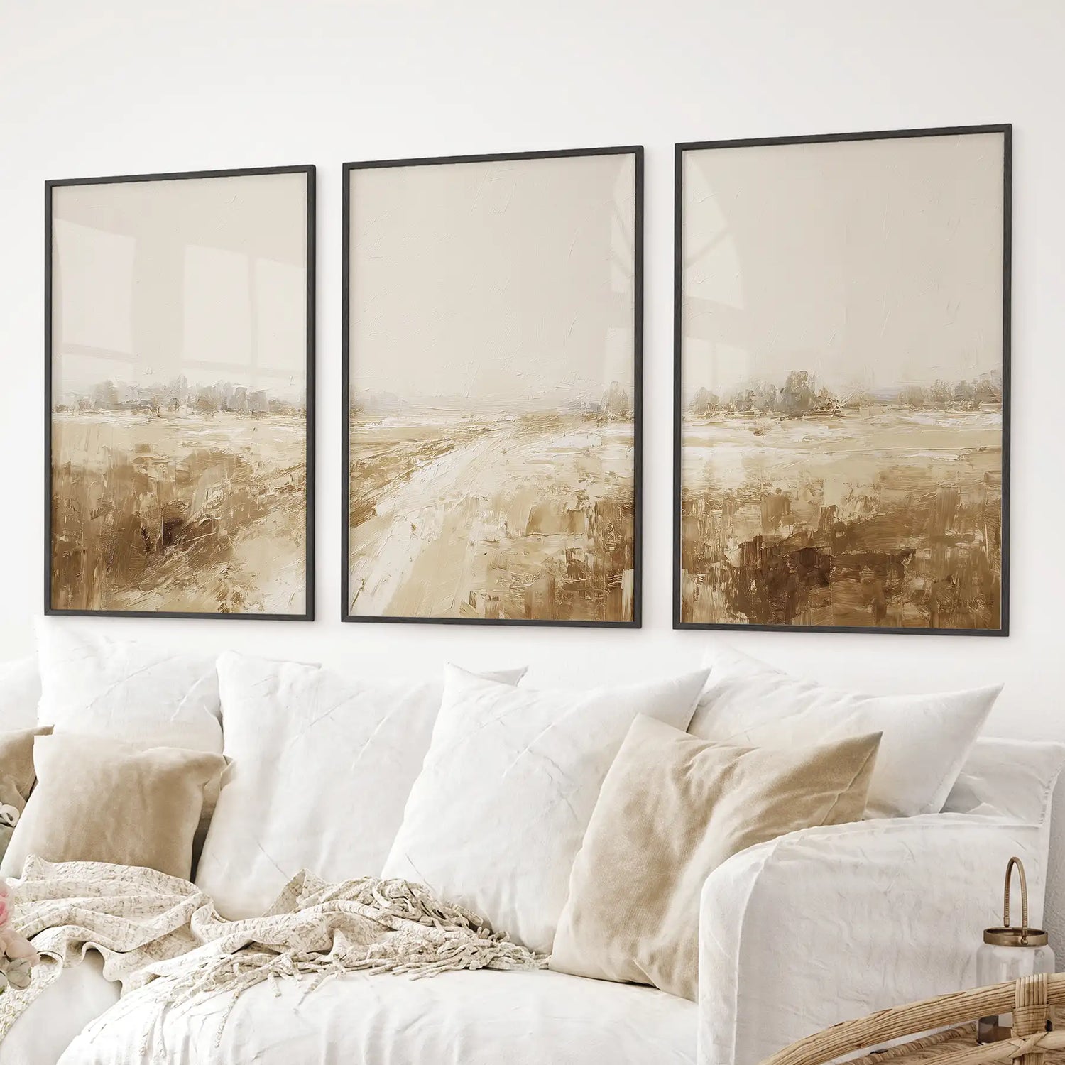 Neutral Abstract Landscape Art. Beige Farmhouse Triptych
