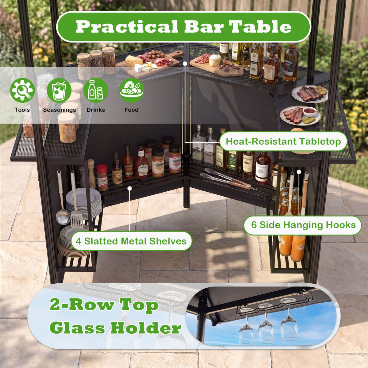 BBQ Gazebo Canopy with 4 Slatted Metal Shelves 6 Hanging Hooks and 2-Row Glass Holders
