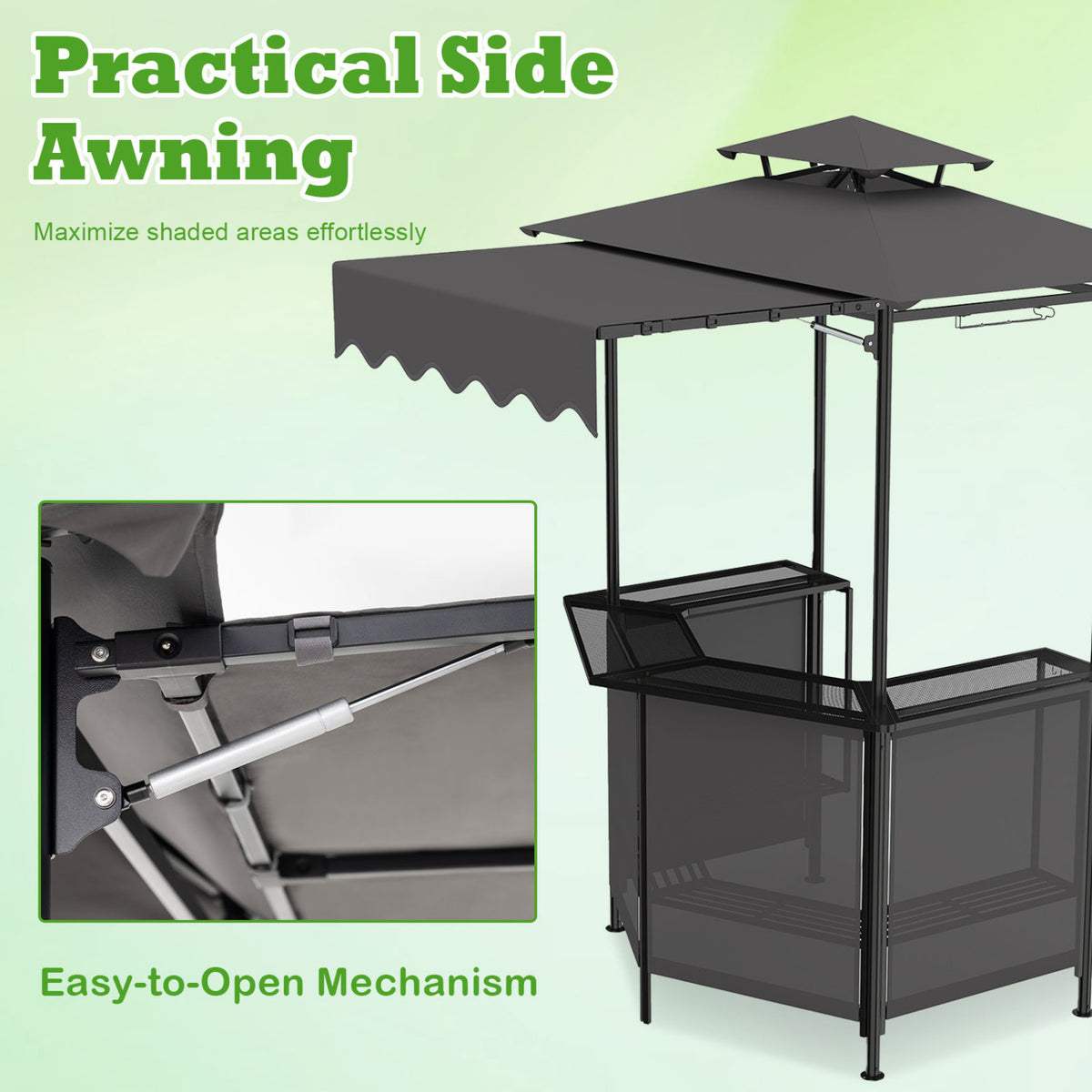 BBQ Gazebo Canopy with 4 Slatted Metal Shelves 6 Hanging Hooks and 2-Row Glass Holders