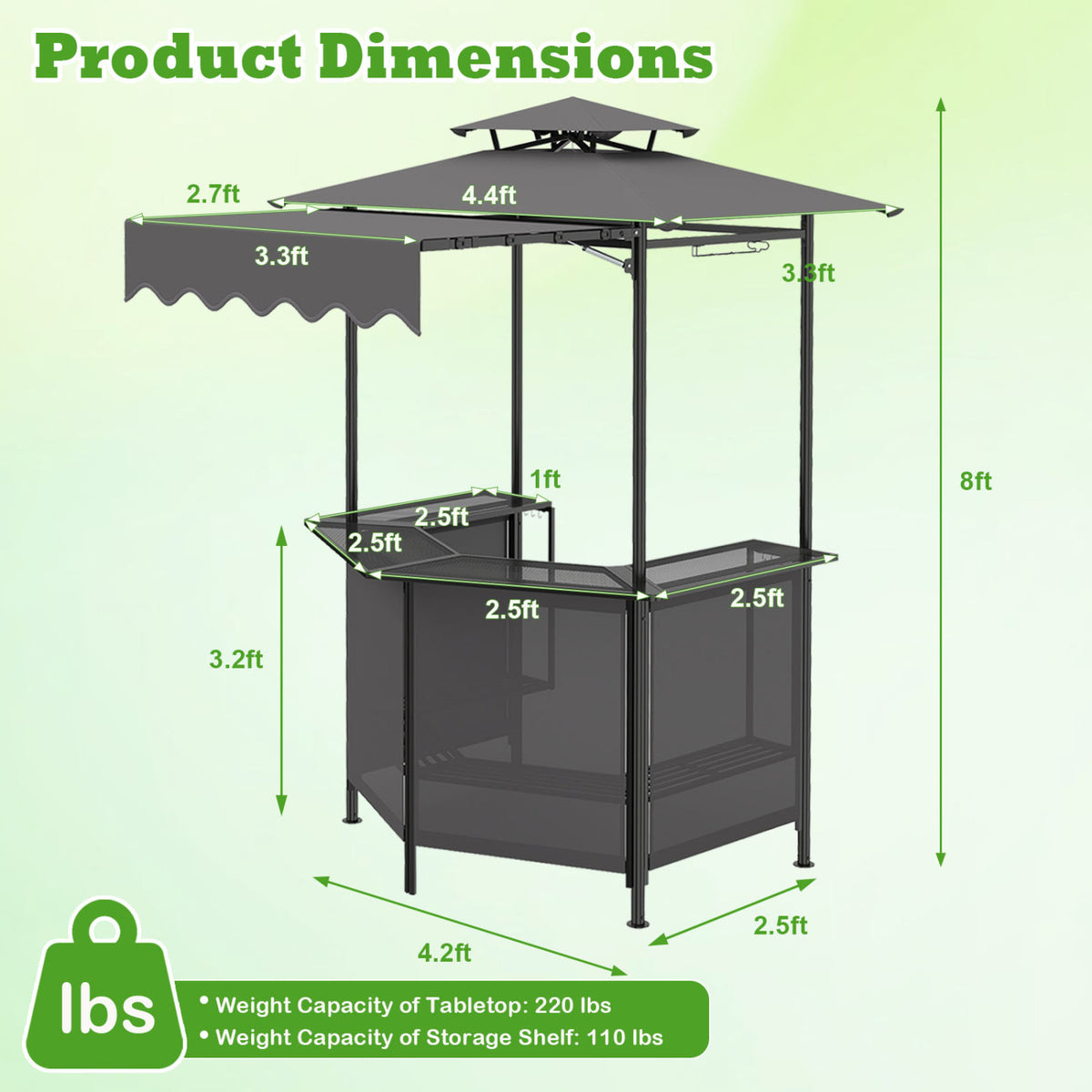BBQ Gazebo Canopy with 4 Slatted Metal Shelves 6 Hanging Hooks and 2-Row Glass Holders