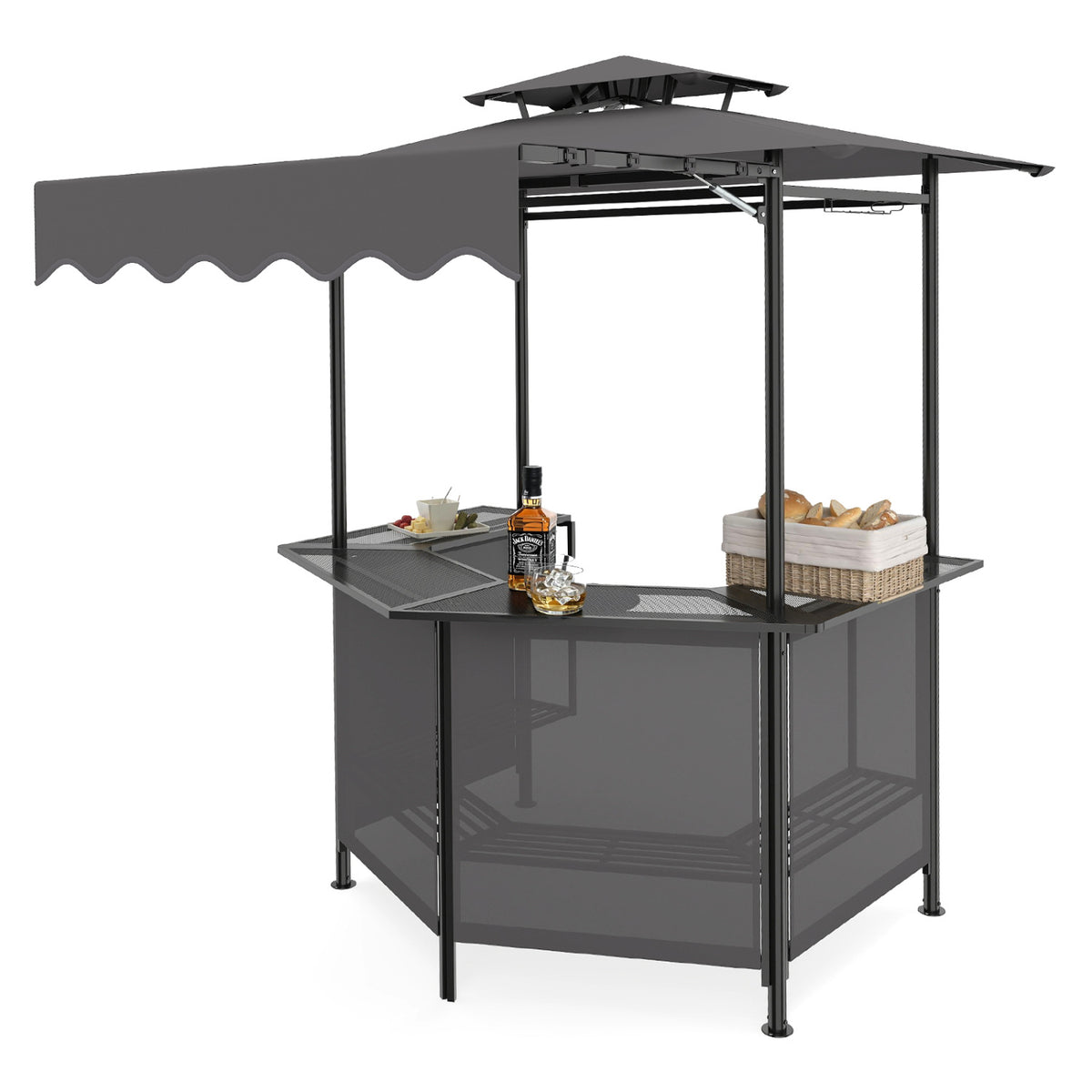 BBQ Gazebo Canopy with 4 Slatted Metal Shelves 6 Hanging Hooks and 2-Row Glass Holders