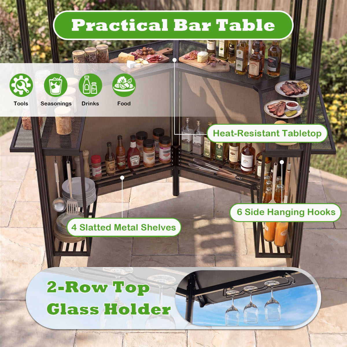 BBQ Gazebo Canopy with 4 Slatted Metal Shelves 6 Hanging Hooks and 2-Row Glass Holders