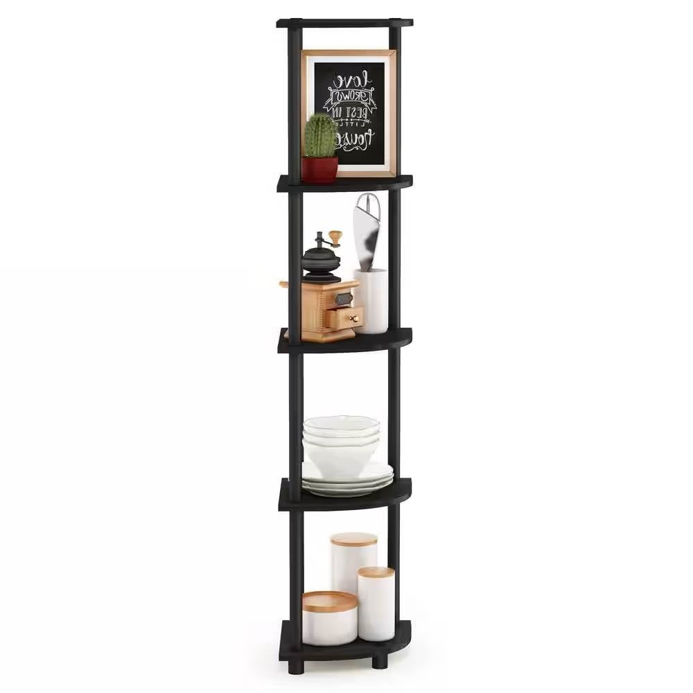 5-Shelf Modern Corner Bookcase in Espresso Black Wood Finish