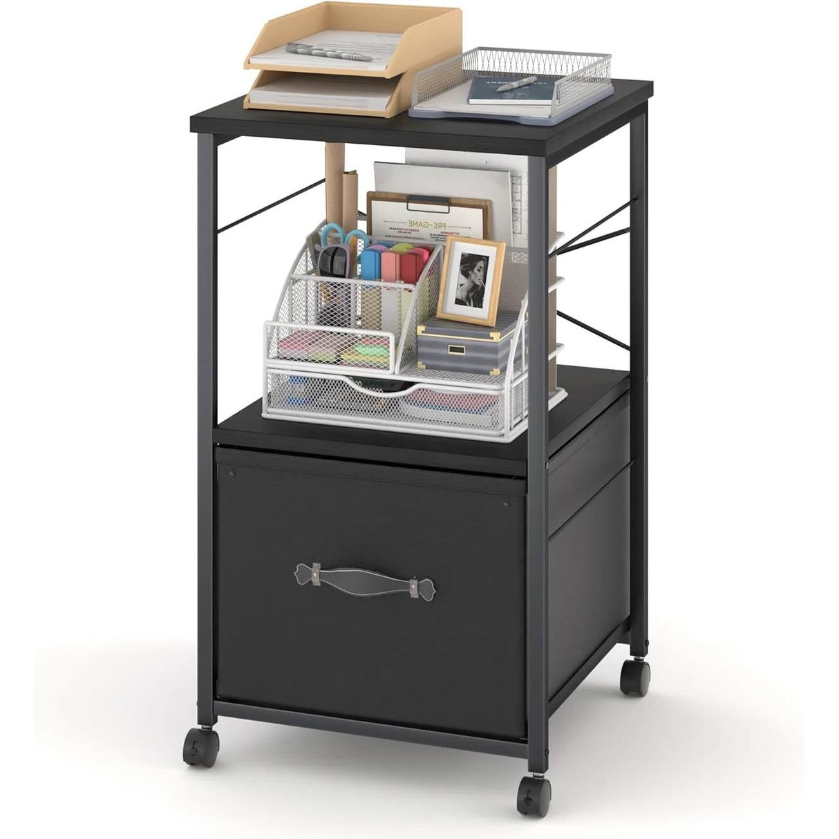 Black Metal Wood Printer Stand Table File Cabinet with Fabric Drawer on Wheels