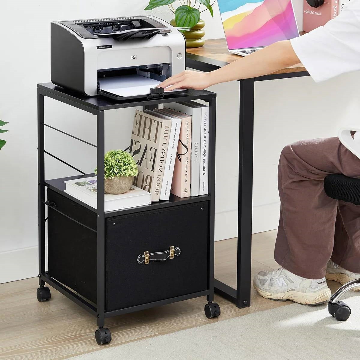Black Metal Wood Printer Stand Table File Cabinet with Fabric Drawer on Wheels