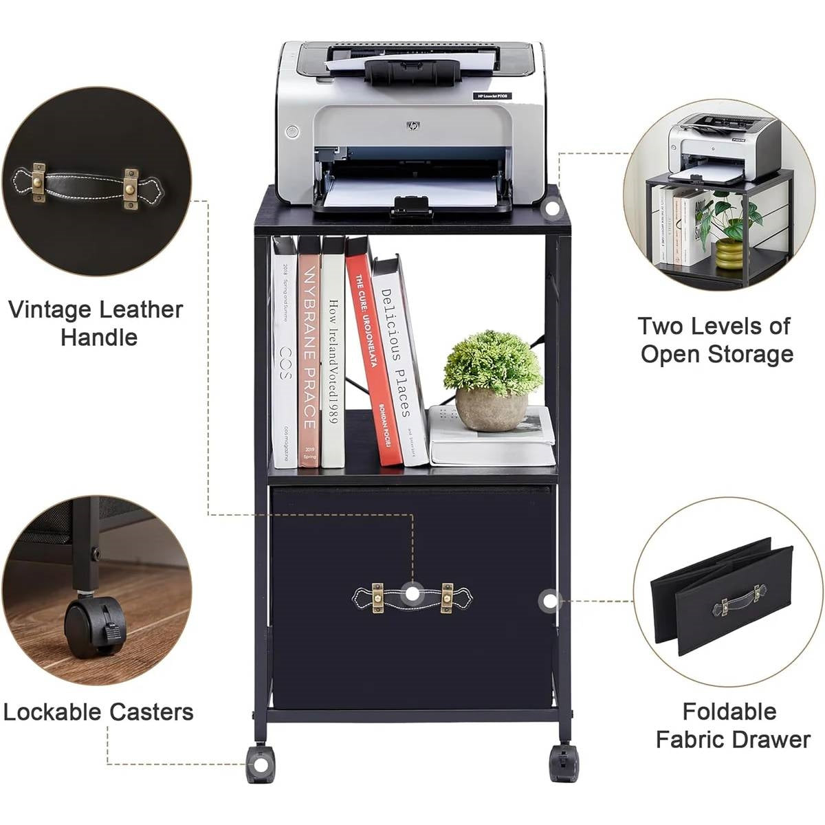 Black Metal Wood Printer Stand Table File Cabinet with Fabric Drawer on Wheels