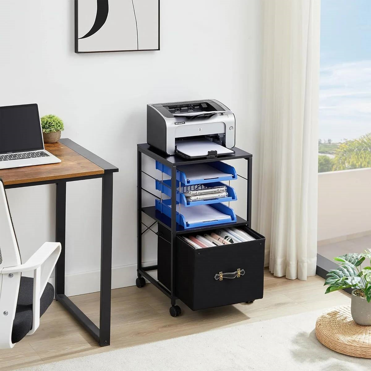 Black Metal Wood Printer Stand Table File Cabinet with Fabric Drawer on Wheels