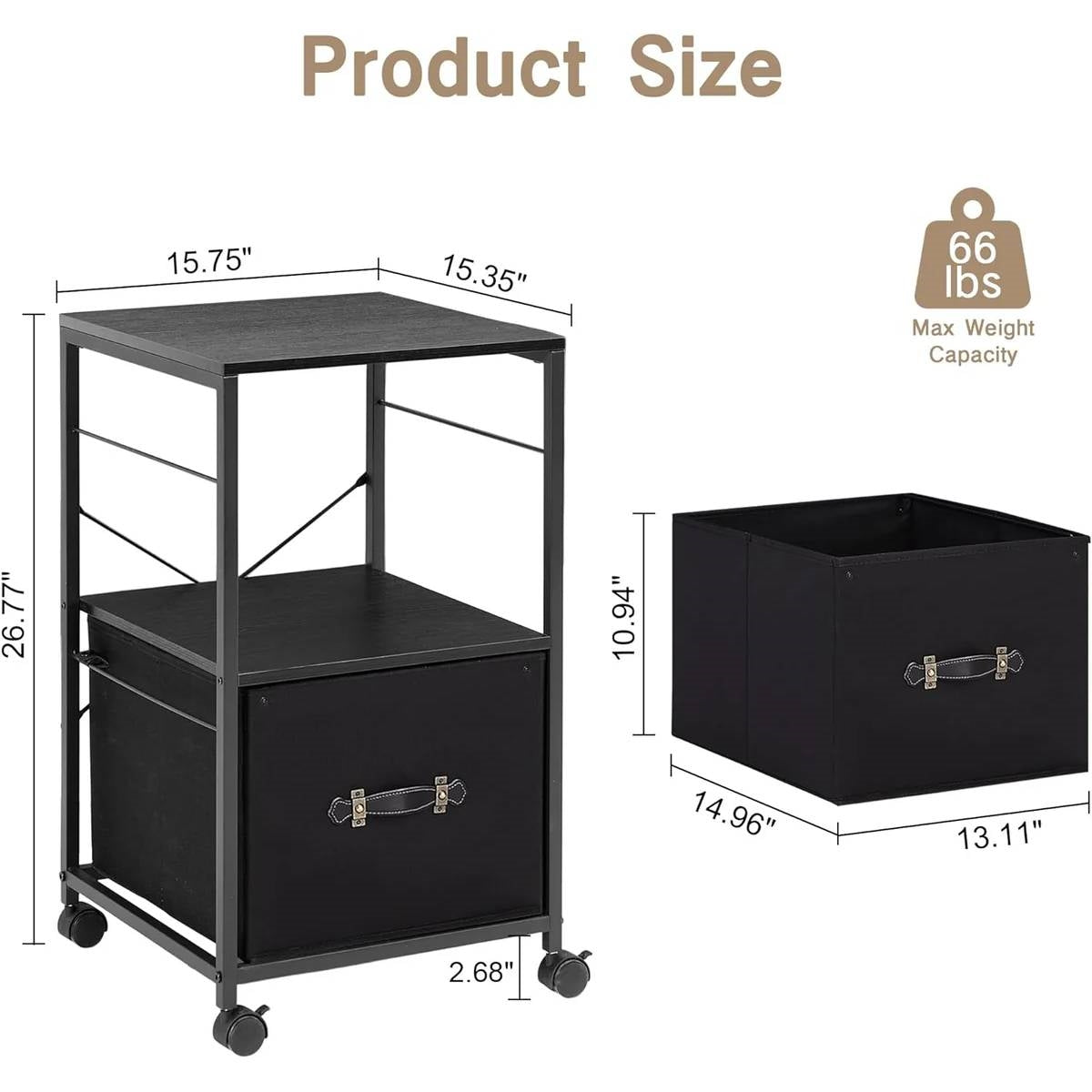 Black Metal Wood Printer Stand Table File Cabinet with Fabric Drawer on Wheels