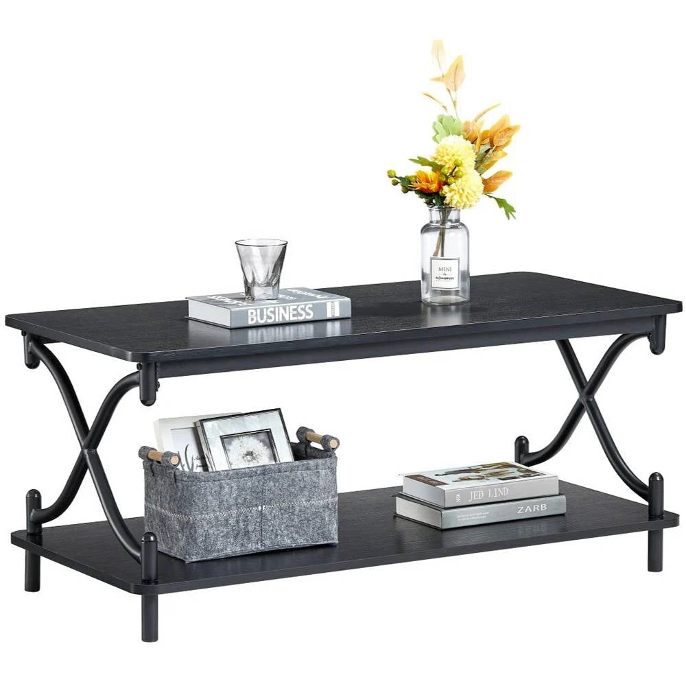 Modern Industrial Black Metal Wood Coffee Table with Bottom Storage Shelf
