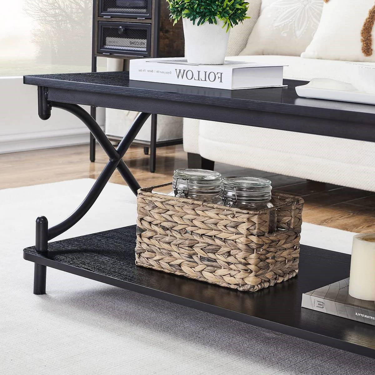 Modern Industrial Black Metal Wood Coffee Table with Bottom Storage Shelf
