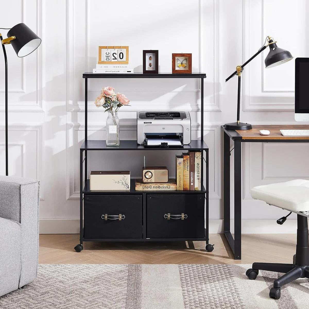 Industrial Modern Black Metal Wood Printer Stand File Cabinet w/ Fabric Drawers