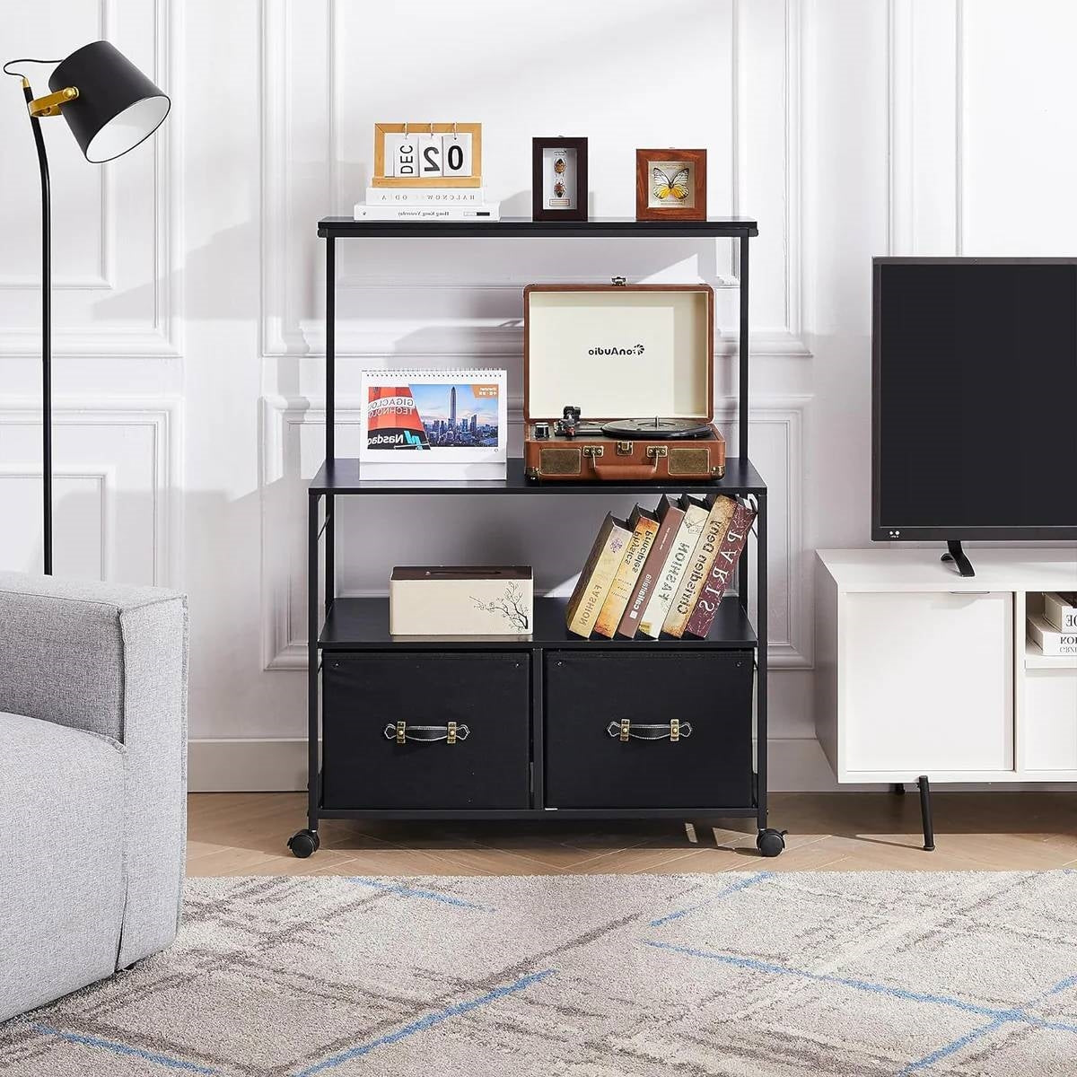 Industrial Modern Black Metal Wood Printer Stand File Cabinet w/ Fabric Drawers