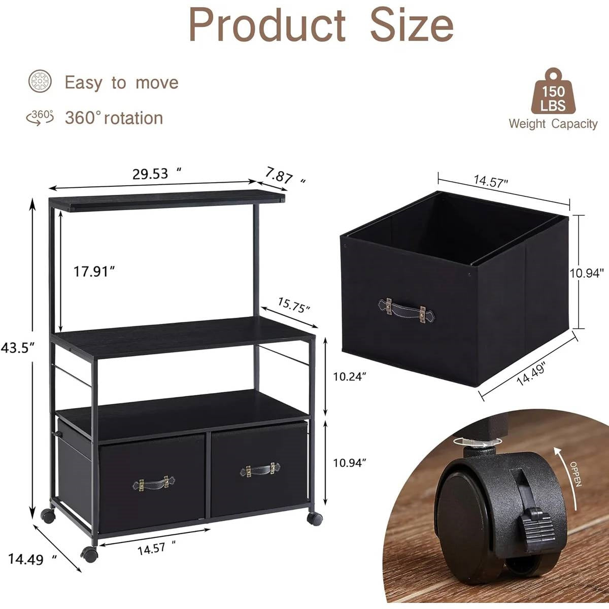 Industrial Modern Black Metal Wood Printer Stand File Cabinet w/ Fabric Drawers