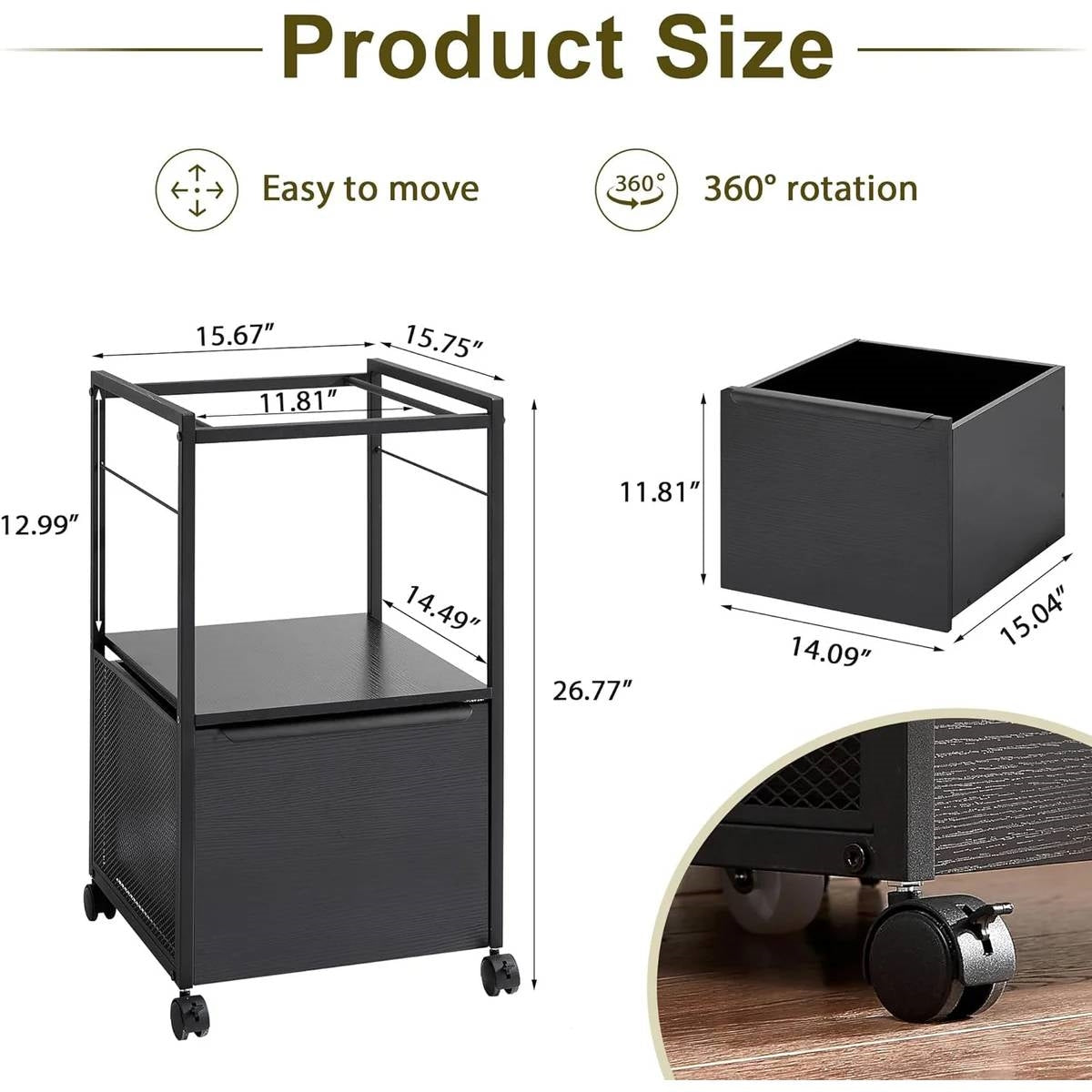 Black Metal Wood Rolling File Cabinet with Open File Hanging Bar