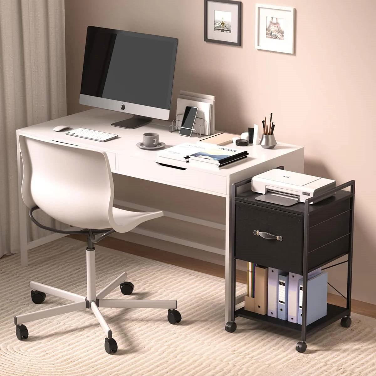 Black Wood Metal Printer Stand Table File Cabinet with Fabric Drawer on Wheels