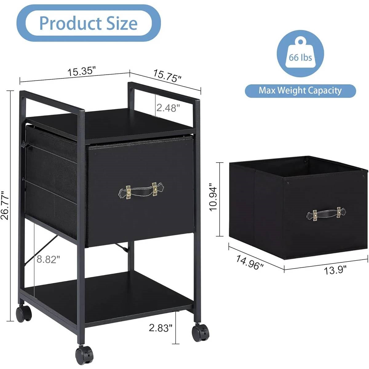 Black Wood Metal Printer Stand Table File Cabinet with Fabric Drawer on Wheels