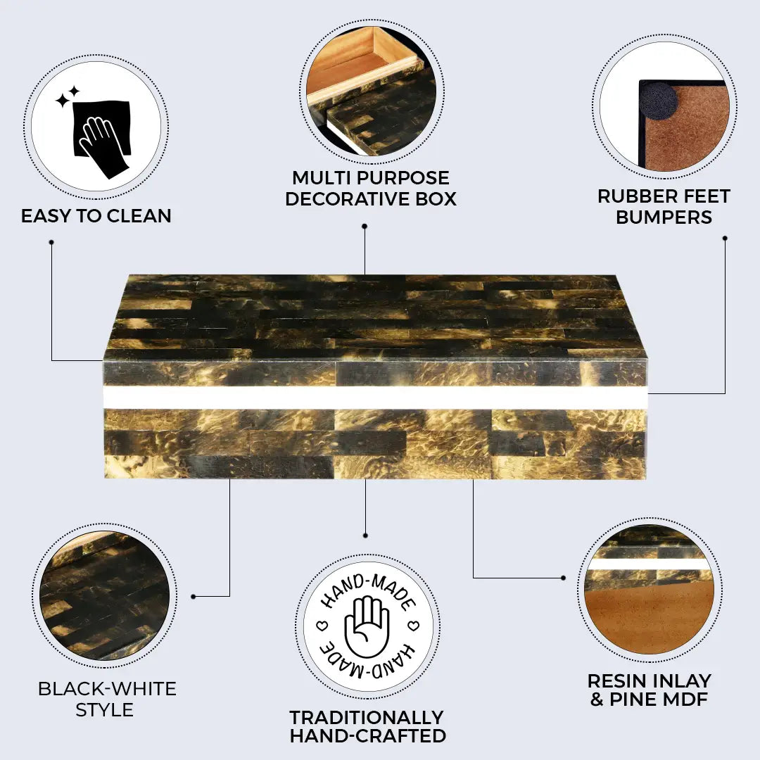 Decorative Storage Box Bone & Resin Inlay in 10x4x2.5 Inch, Black & White