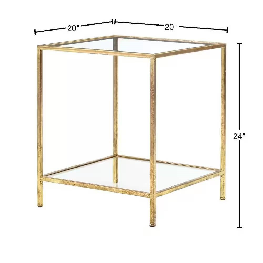 Square Accent Side Table Gold Metal Frame Glass Top Bottom Shelf Sofa Table