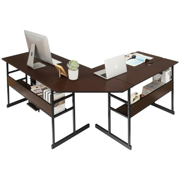 Modern Dark Brown Wood and Metal Corner L-Shaped Computer Desk