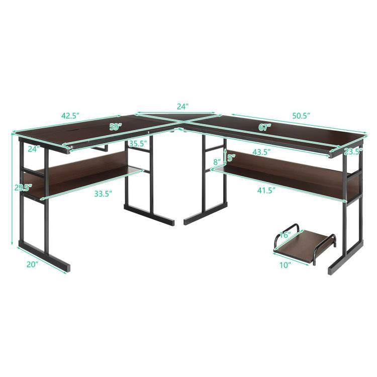 Modern Dark Brown Wood and Metal Corner L-Shaped Computer Desk