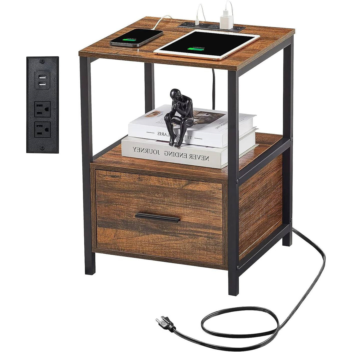 Modern Metal Wood Side End Table Nightstand Shelf with USB Charging Ports