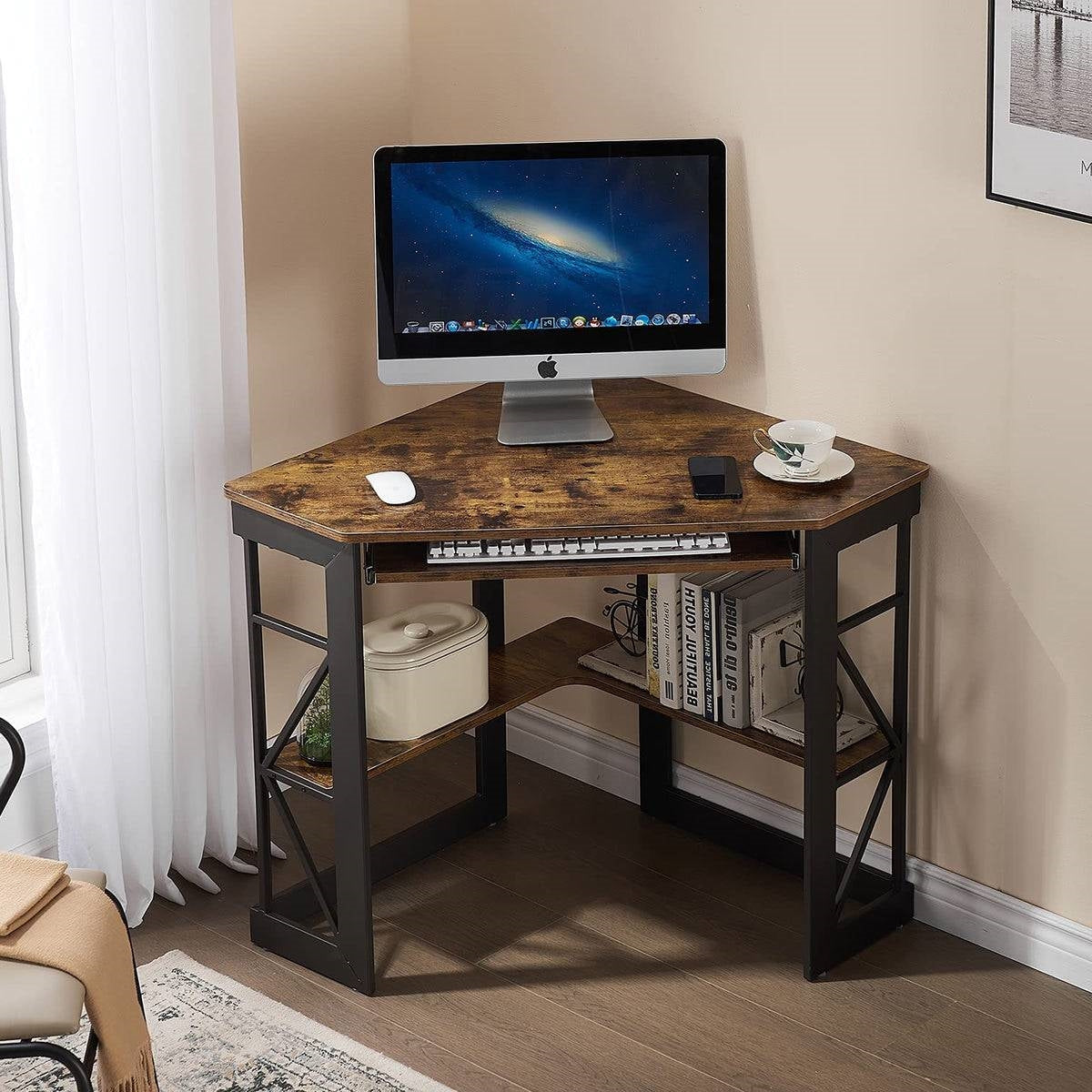 Corner Computer Desk with Keyboard Tray and Storage Shelves in Brown