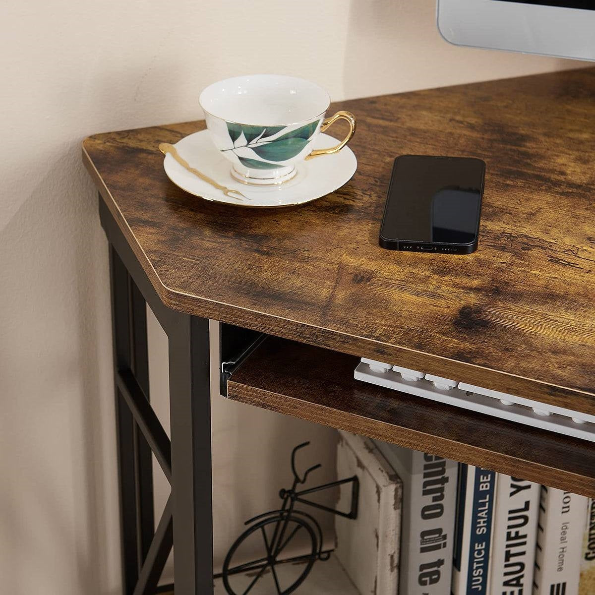 Corner Computer Desk with Keyboard Tray and Storage Shelves in Brown