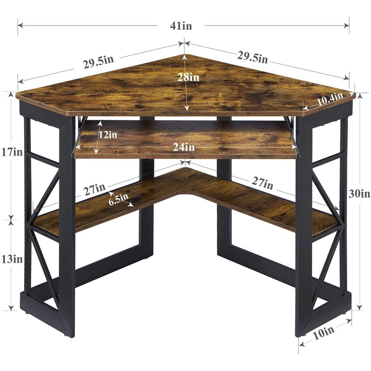 Corner Computer Desk with Keyboard Tray and Storage Shelves in Brown