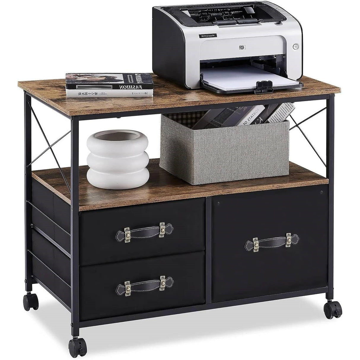 Modern Metal Wood Mobile Printer Stand Filing Cabinet with Locking Wheels