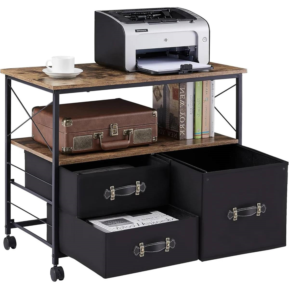 Modern Metal Wood Mobile Printer Stand Filing Cabinet with Locking Wheels