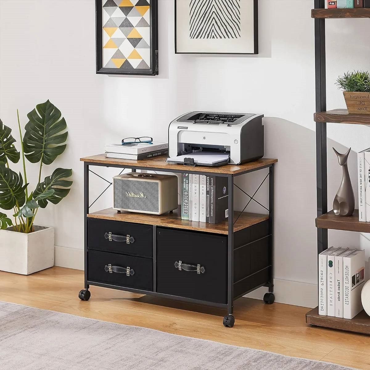Modern Metal Wood Mobile Printer Stand Filing Cabinet with Locking Wheels