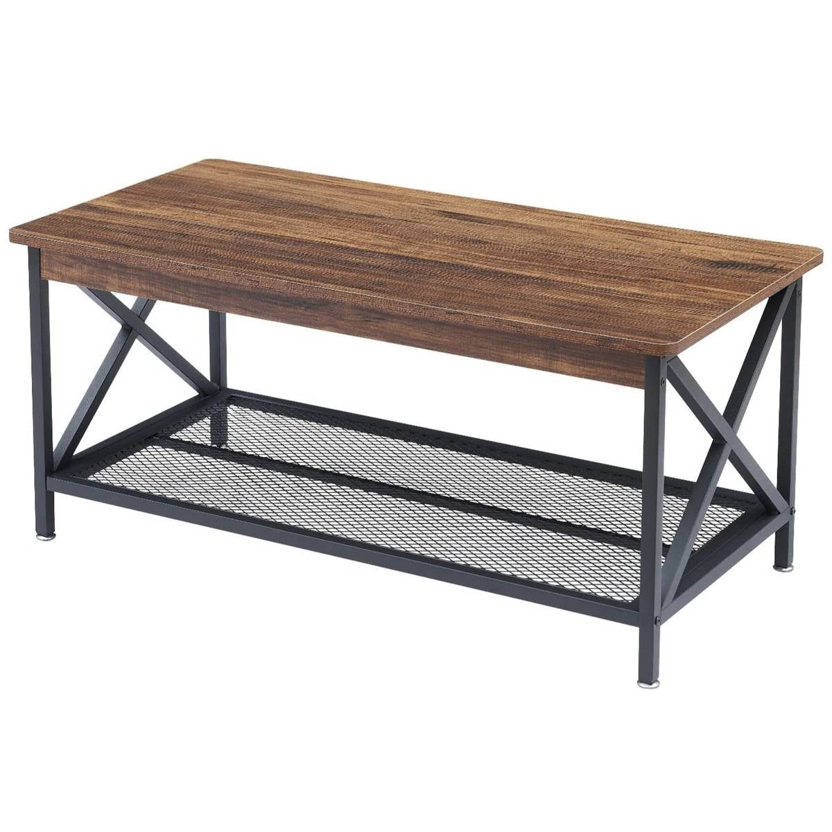 Modern Classic Metal Wood Coffee Table with Bottom Storage Shelf