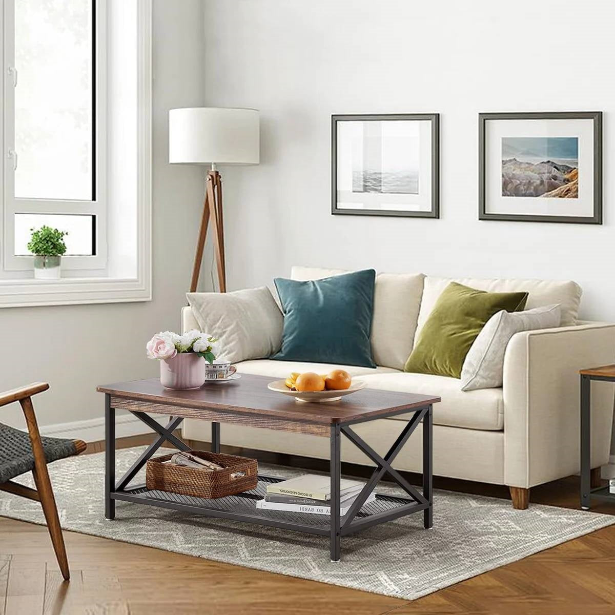 Modern Classic Metal Wood Coffee Table with Bottom Storage Shelf