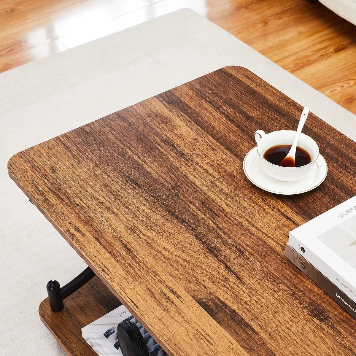 Modern Industrial Black Metal Brown Wood Coffee Table with Lower Storage Shelf