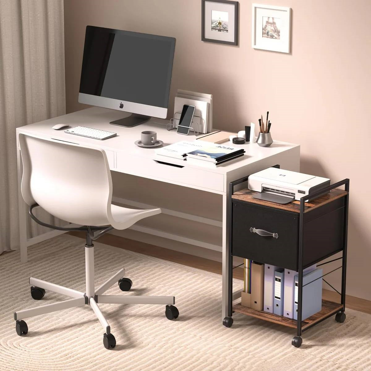 Modern Metal Wood Printer Stand Table File Cabinet with Fabric Drawer on Wheels