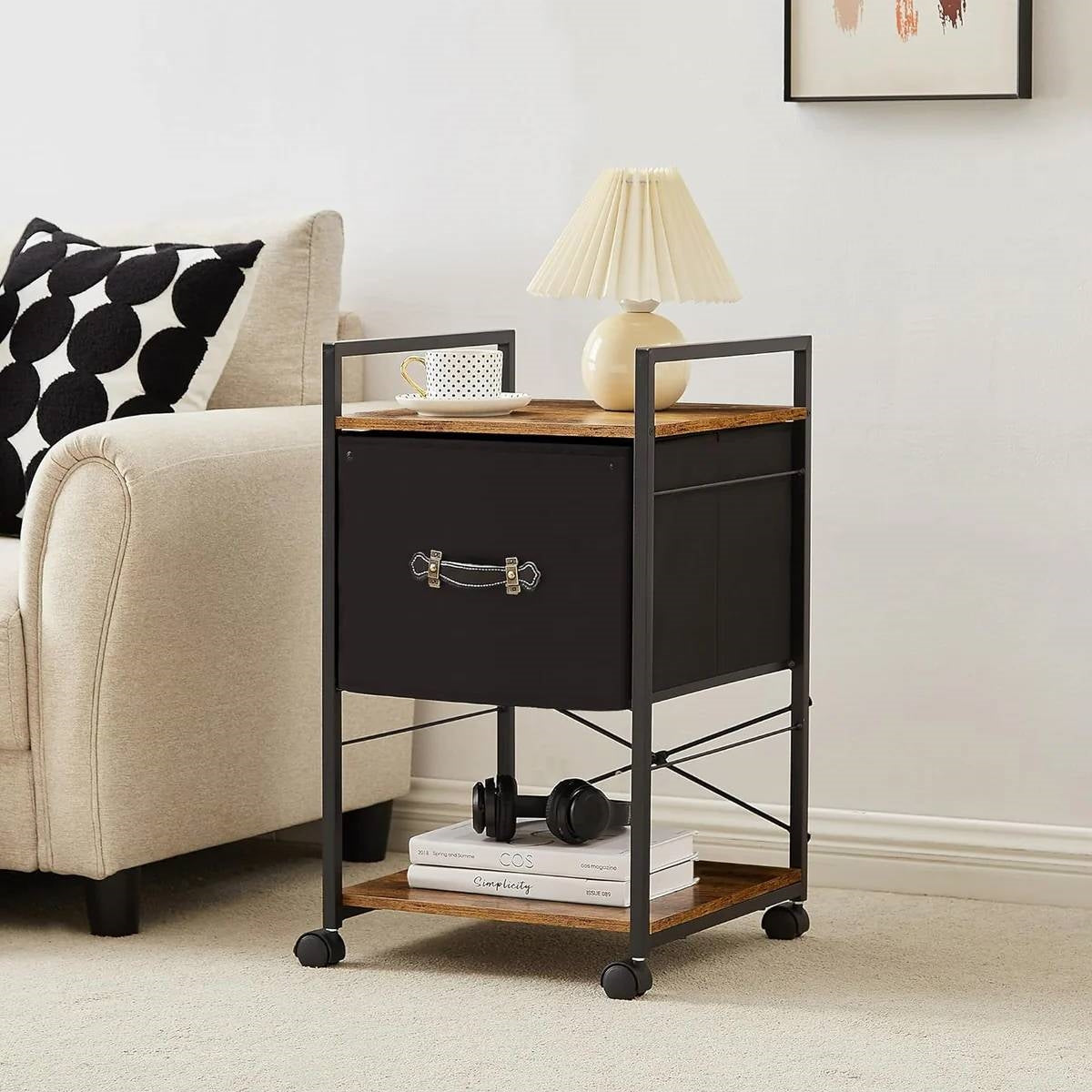 Modern Metal Wood Printer Stand Table File Cabinet with Fabric Drawer on Wheels