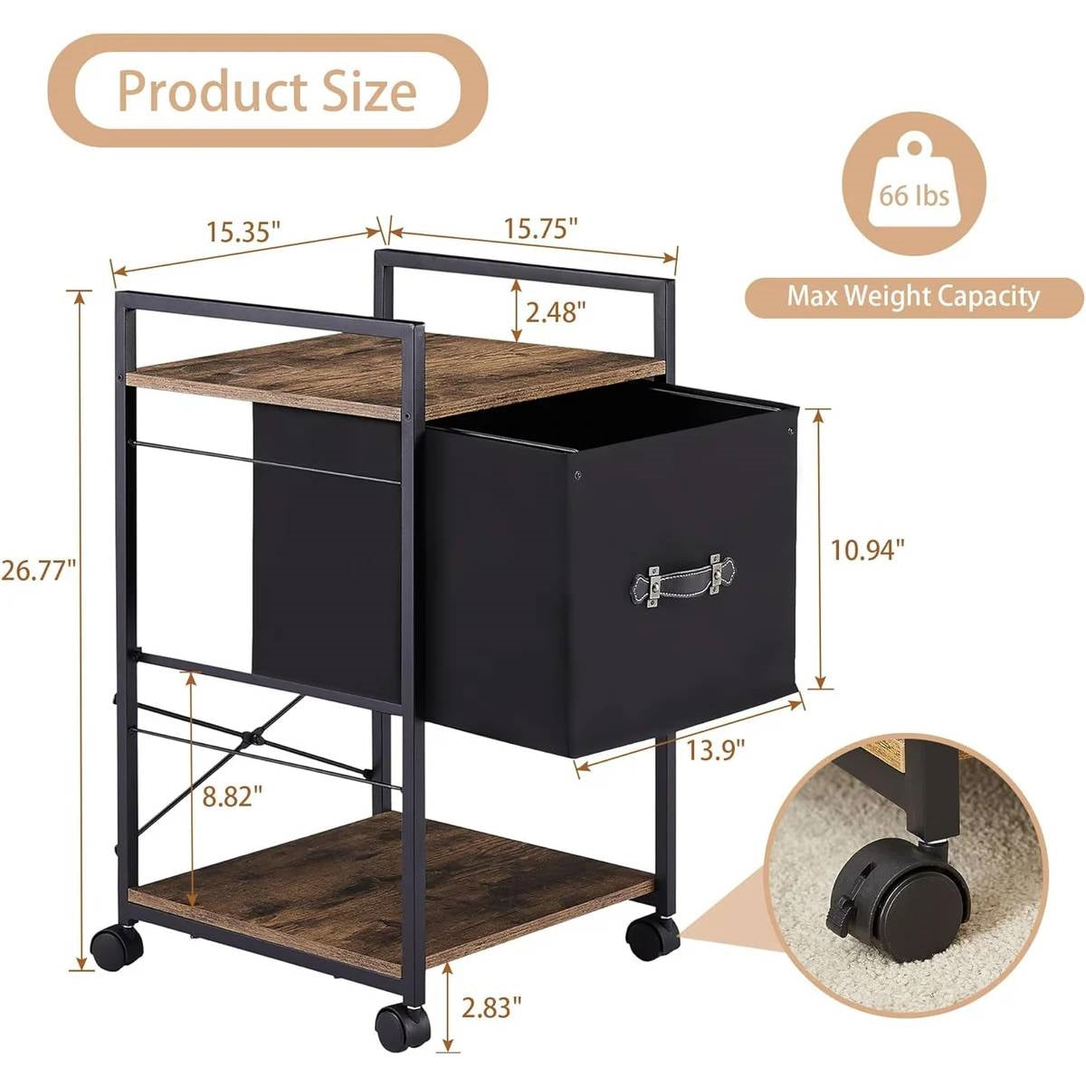 Modern Metal Wood Printer Stand Table File Cabinet with Fabric Drawer on Wheels