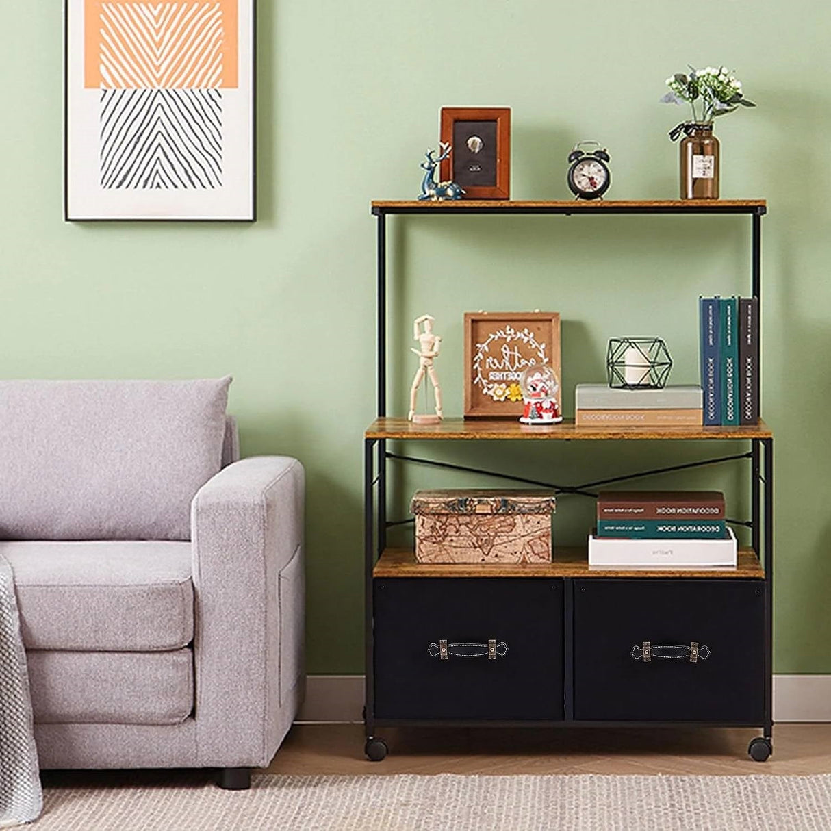 Industrial Metal Wood Printer Stand File Cabinet with Fabric Drawers