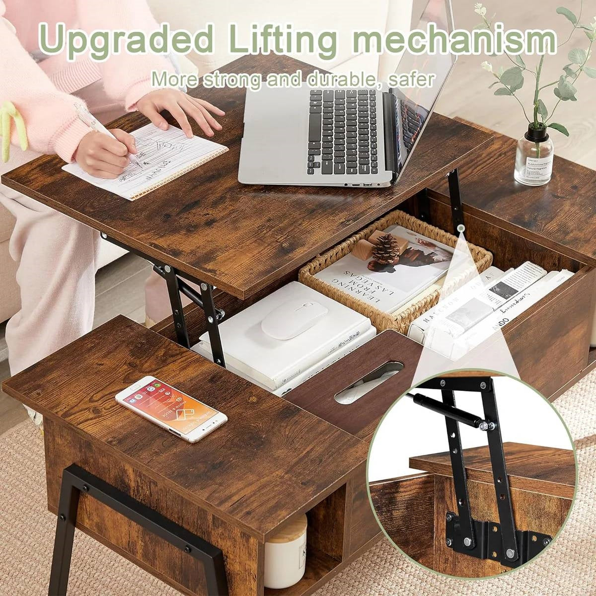 Modern Lift-Top Coffee Table Laptop Desk with Storage Shelf in Brown Wood Finish