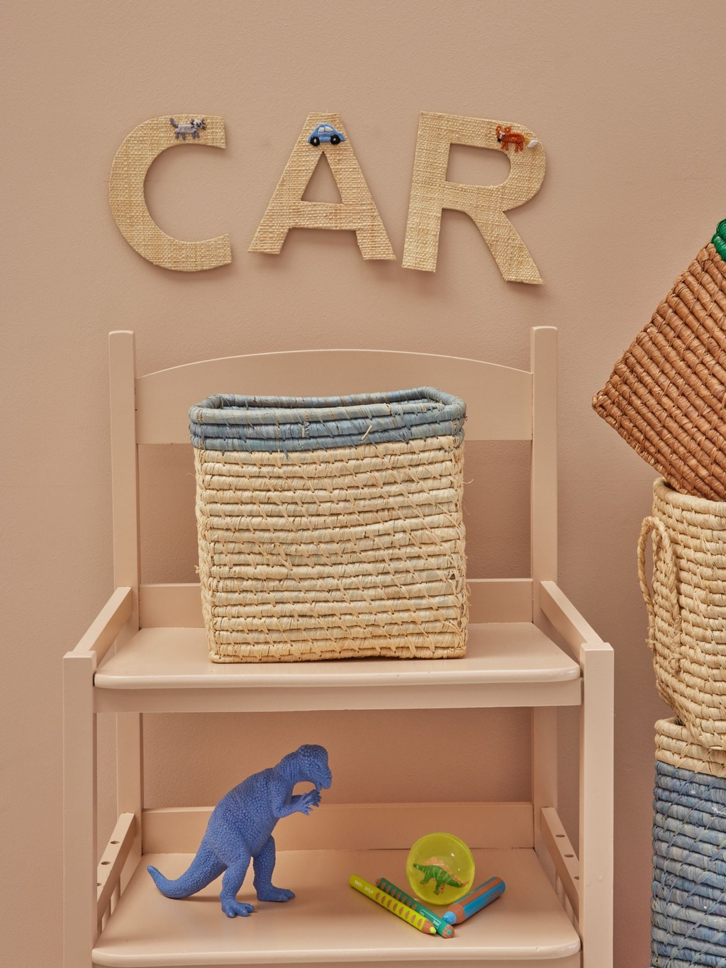 Small Square Raffia Storage Basket with a Blue Top