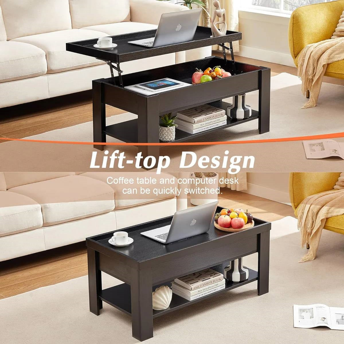 Modern Lift Top Coffee Table Laptop Tray with Storage Shelf in Black Wood Finish