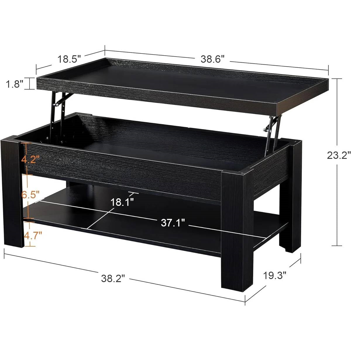 Modern Lift Top Coffee Table Laptop Tray with Storage Shelf in Black Wood Finish